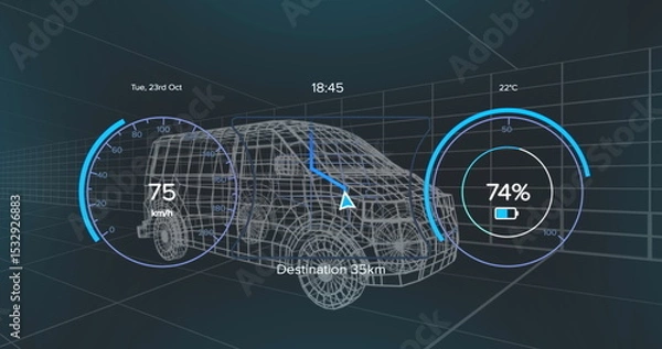Obraz Displaying 3D van wireframe moving within virtual grid with speedometer, battery, navigation arrow