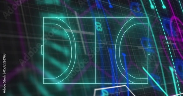 Fototapeta Displaying neon turquoise basketball half court outline on interface, with gridlines and charts