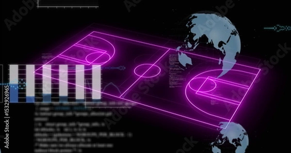 Fototapeta Floating neon purple 3D basketball court wireframe in UI, with scrolling code, bars, globe and axes
