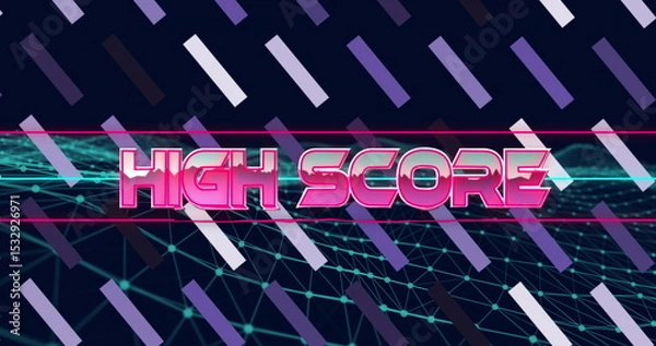 Fototapeta Displaying stylized text HIGH SCORE glowing over neon grid in retro space, with diagonal color bars