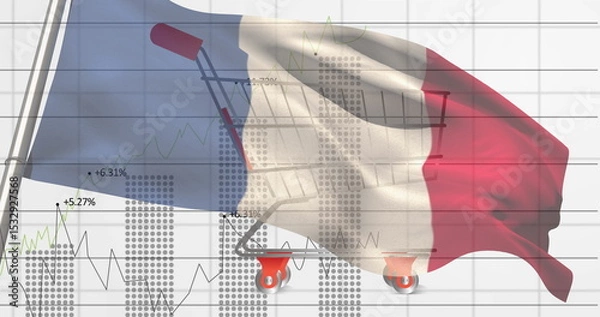 Obraz Displaying shopping cart with red wheels draping French flag on chart grid, showing percent changes