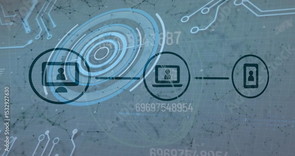 Obraz Linking desktop, laptop, smartphone icons on data grid, with circuit and numeric data overlays