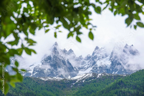 Fototapeta Aiguille du Blaitiere, to the left, 3522 m, and Aiguille du Plan, 3673 m, Aiguilles du Chamonix, Mont Blanc Massif, Alps, Chamonix, France