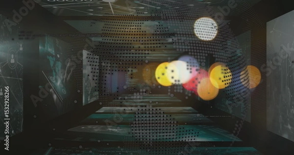 Obraz Floating dot-matrix globe hovering in futuristic data tunnel, translucent screens, network icons