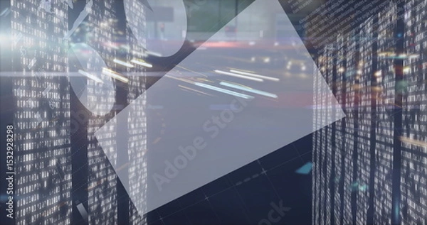 Fototapeta Moving clear trapezoid floating on grid plane in network space with binary panels and light trails