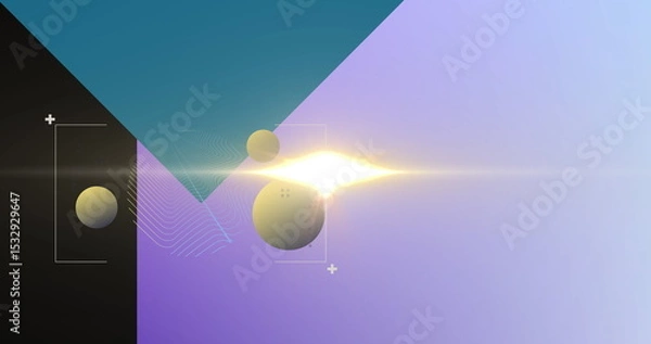 Fototapeta Floating yellow-green sphere emitting horizontal lens flare in studio, with teal-blue triangle