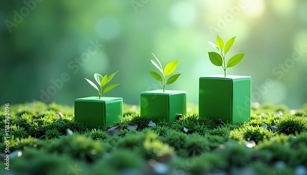 Fototapeta Three Green Blocks with Growing Plants: Concept of Step-by-Step Sustainable Growth and Environmental Investment