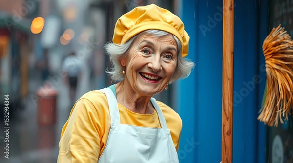 Fototapeta Funny Elderly Cleaning Lady Dancing with Broom on Blue Background, Full Body Portrait with Quirky Expression and Playful Pose  Generative AI