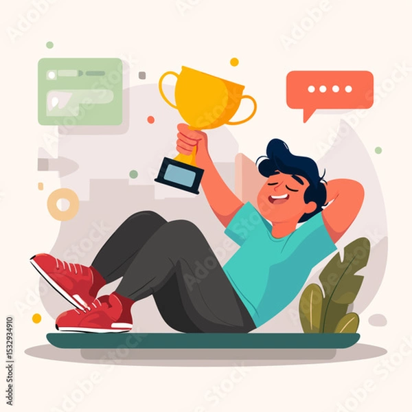 Obraz Achievement Illustration: A person reclines contentedly, clutching a golden trophy, symbolizing accomplishment and victory in a vibrantly illustrated scene.