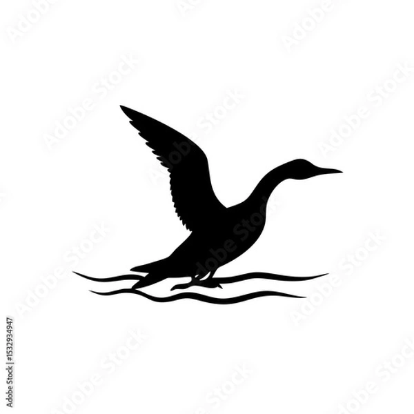 Fototapeta Black silhouette of a cormorant taking flight from the water surface, minimalist design