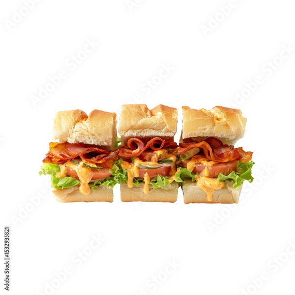 Fototapeta Three Delicious Bacon Sandwiches on Crusty Rolls with Lettuce, Tomato, and Creamy Sauce