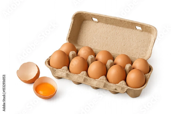 Fototapeta Carton of a dozen eggs, uniform in size and color, arranged in rows, isolated on transparent background.