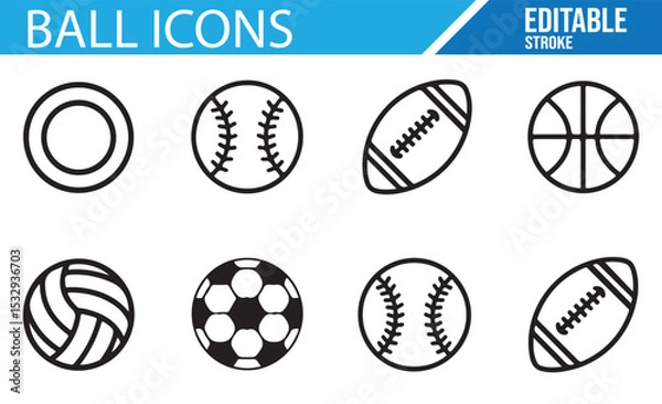 Fototapeta Editable ball icons featuring various sports such as soccer, basketball, and volleyball.