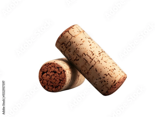 Obraz Close-up of two wine corks on white background, showcasing texture and detail, perfect for wine-related themes.