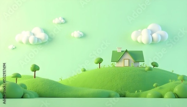 Fototapeta Green Hilltop House with Trees and Clouds: Concept of Sustainable Living, Peaceful Environment, and Eco-Friendly Home