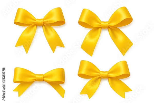 Fototapeta Yellow bow clipart with loops and tails, representing gift wrapping or decoration, isolated on transparent background.