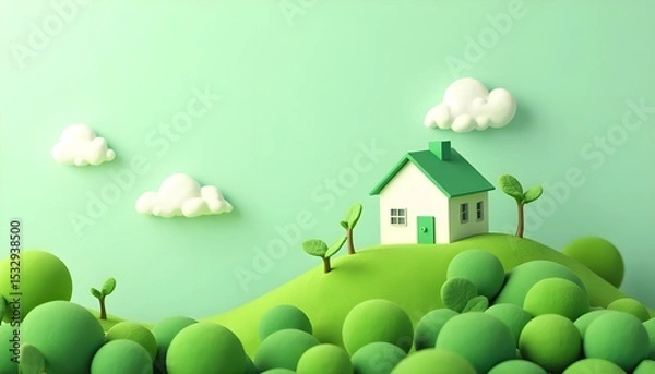 Fototapeta Green House on Hill with Lush Foliage and Clouds: Concept of Eco-Friendly Home and Sustainable Environment