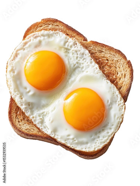 Obraz Top view of two sunny-side-up eggs on toast, vibrant yellow yolks and crisp edges against the white plate.