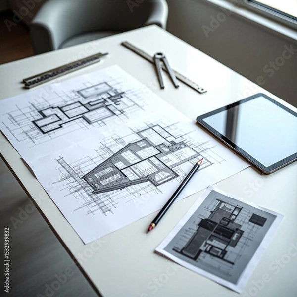 Obraz "Architect Workspace with Floor Plans, Technical Tools, and Digital Tablet on White Desk"
