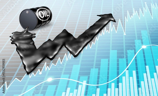 Fototapeta Rising Oil Prices and Increasing price of petroleum concept as a gasolene drum spilling fossil fuel with the black liquid shaped as an upward stock market graph arrow as a metaphor for rising costs.