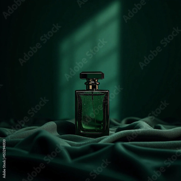 Obraz "Elegant Dark Green Perfume Bottle on Silk Fabric with Moody Lighting – Luxury Fragrance Concept"
