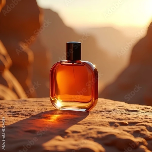 Obraz "Amber Perfume Bottle on Desert Rock at Sunset – Luxury Fragrance Branding with Natural Backdrop"
