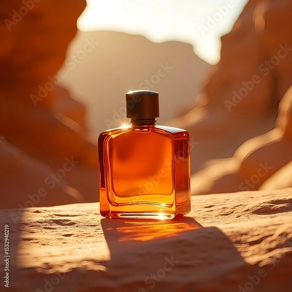 Obraz "Amber Perfume Bottle on Desert Rock at Sunset – Luxury Fragrance Branding with Natural Backdrop"