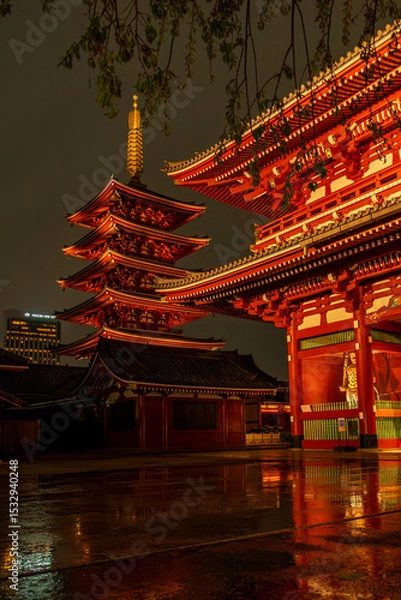 Fototapeta japanese temple at night with reflection
