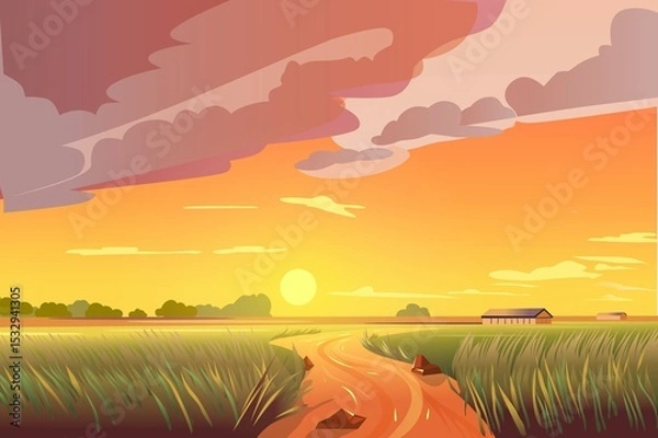Fototapeta This illustration depicts a serene rural landscape featuring lush fields, a winding stream, and a sunset, creating a tranquil atmosphere.