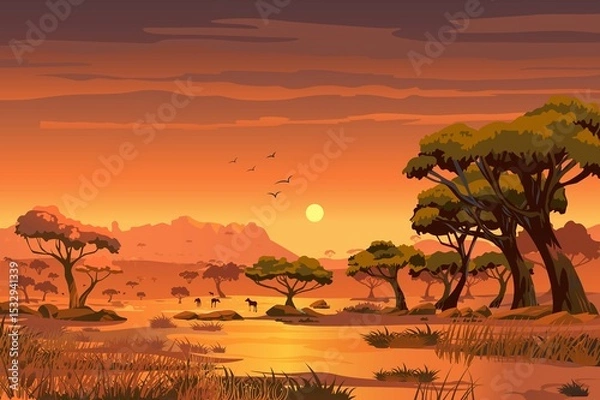 Fototapeta A beautiful sunset view of an African savannah with trees and a calm river. The sky features warm colors, and silhouettes of animals can be seen.