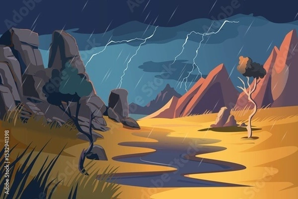 Fototapeta A dramatic desert landscape with dark clouds and lightning, featuring stylized mountains and rain. The scene depicts a tranquil river flowing through the arid terrain.