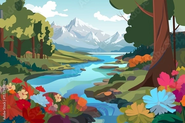 Fototapeta A vibrant illustration showing a serene landscape with mountains, trees, and a flowing river surrounded by colorful flowers.
