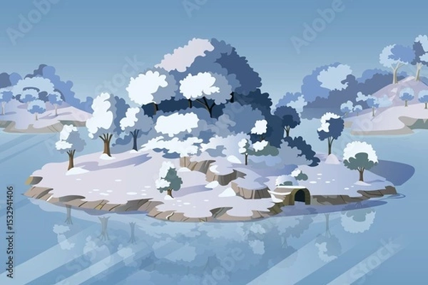 Fototapeta A serene winter scene depicting a snow-covered island with trees and a calm blue lake, evoking a peaceful and enchanting atmosphere.