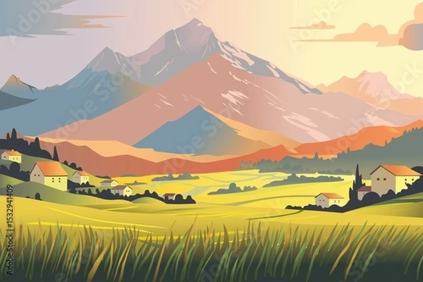 Fototapeta A serene mountain landscape featuring rolling hills, distant mountains, and scenic villages under a gentle sky, showcasing natural beauty and tranquility.