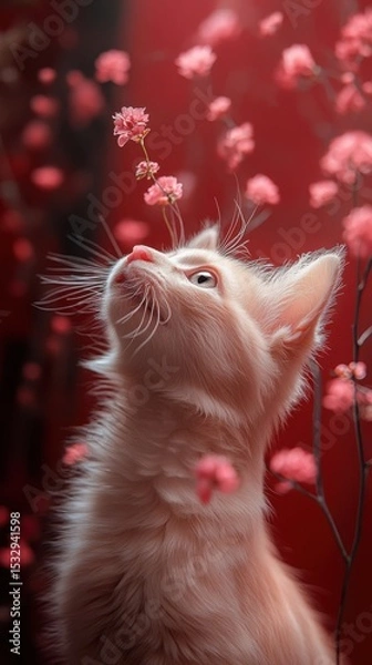 Obraz A curious cream-colored cat gazing at delicate pink blossoms.
