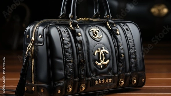 Obraz Elegant black handbag with gold accents featuring a stylish logo.