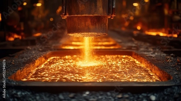Obraz Molten metal pours into a mold in a vibrant foundry scene.