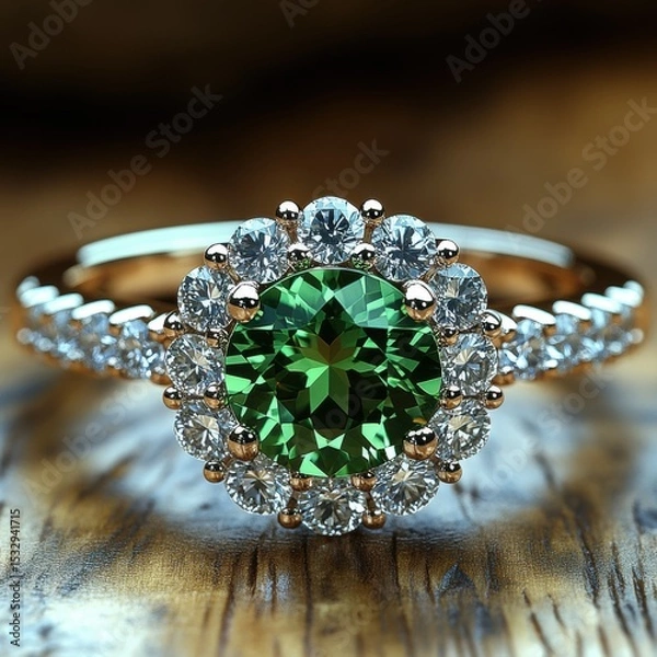 Obraz Elegant green gemstone ring with diamond accents.