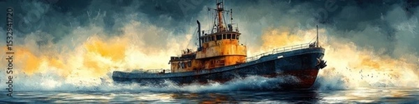 Obraz A weathered tugboat cuts through the waves as a dramatic sunset unfolds behind it.