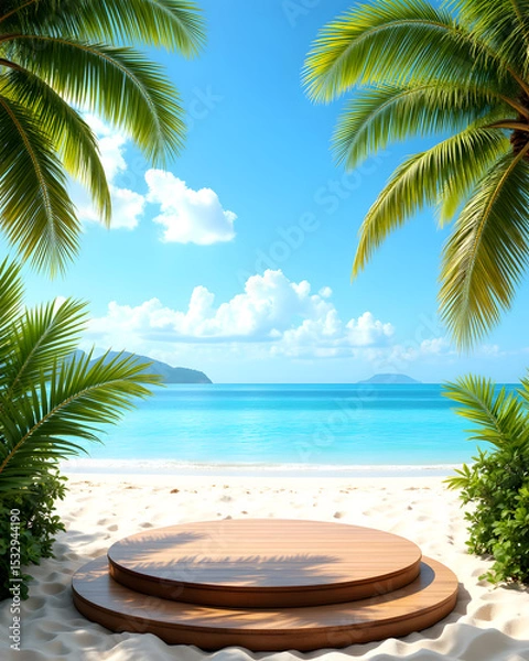 Fototapeta Tropical Beach Product Display: A stunning tropical beach scene featuring a double-layered wooden display stand on pristine white sand, framed by lush palm trees and turquoise ocean waters.