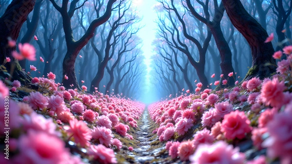 Fototapeta Blooming Forest Path: A captivating forest path is lined with trees and flowers, inviting viewers to explore the ethereal beauty of nature in a fantasy-like scene.