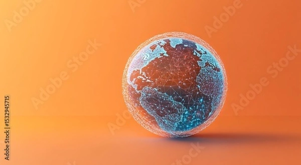 Fototapeta 3D illustration of a digital globe with interconnected nodes on an orange background.