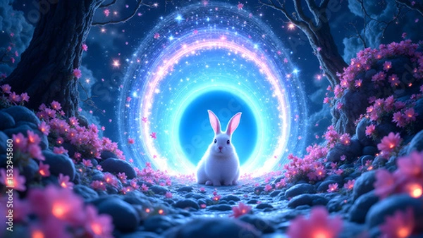 Fototapeta Magical Moonlit Rabbit: A fluffy white rabbit sits serenely before a glowing moon portal in an enchanted forest, surrounded by luminous pink flowers.