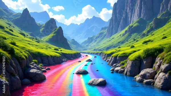 Fototapeta Colorful River Valley: A vibrant rainbow river winds through a lush green valley beneath majestic mountains under a clear blue sky creating whimsical landscape.