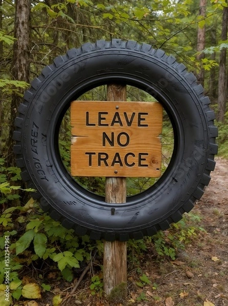 Fototapeta A wooden Leave No Trace sign mounted inside a black tire on a wooden post, surrounded by lush green foliage and a dirt path in a forested area.