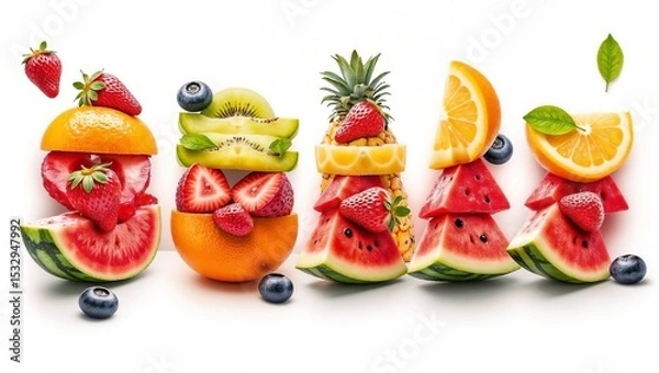 Fototapeta Vibrant layers of watermelon, strawberries, oranges, kiwis, pineapples, and blueberries with green leaves, arranged symmetrically on a white background.