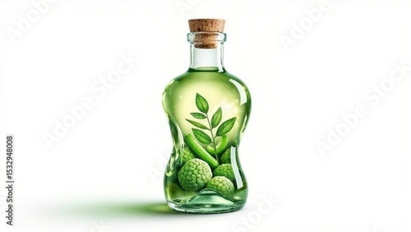 Fototapeta A glass bottle with a curvaceous design, filled with green liquid featuring leaf and spherical plant like elements, set against a white background.
