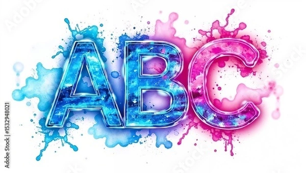 Fototapeta Uppercase ABC letters feature a galaxy like pattern in blues, purples, and pinks. Paint splashes in matching hues stand out against a white background.