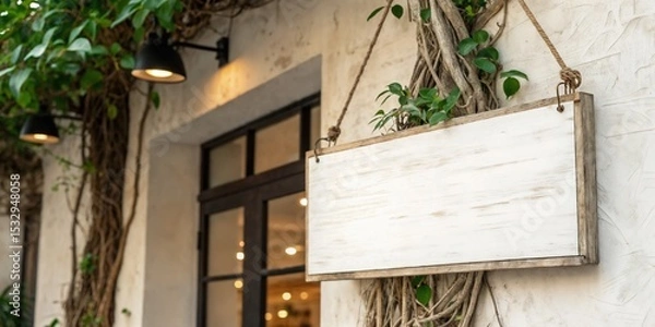 Fototapeta A whitewashed wooden signboard hangs from ropes against a vine covered wall. Black industrial lights and a glass paneled door with warm lighting are visible.
