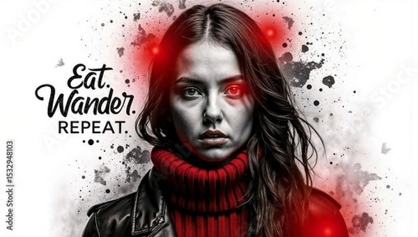 Fototapeta Portrait of a woman with dark hair, red turtleneck, and leather jacket. Abstract black and white background with red glowing accents and bold text.